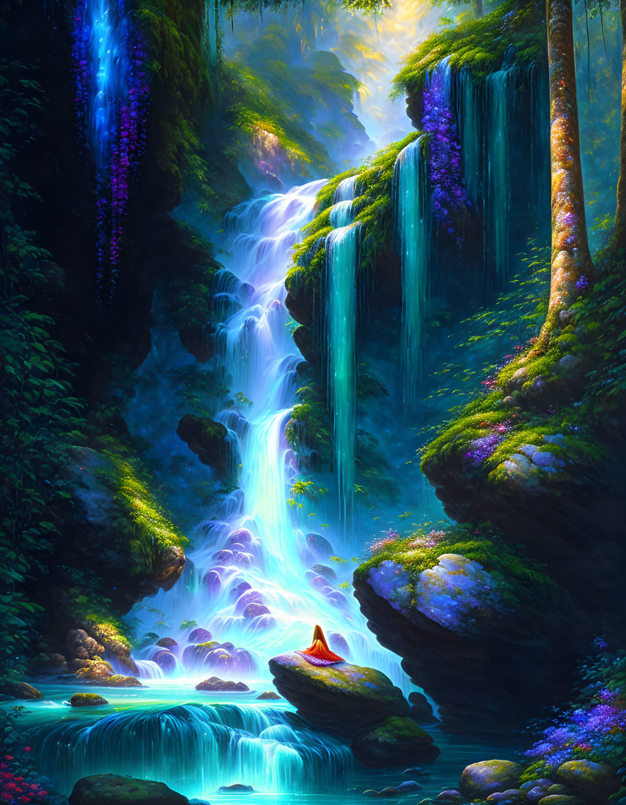 Tranquil fantasy waterfall scene with vibrant blue waters and lush greenery