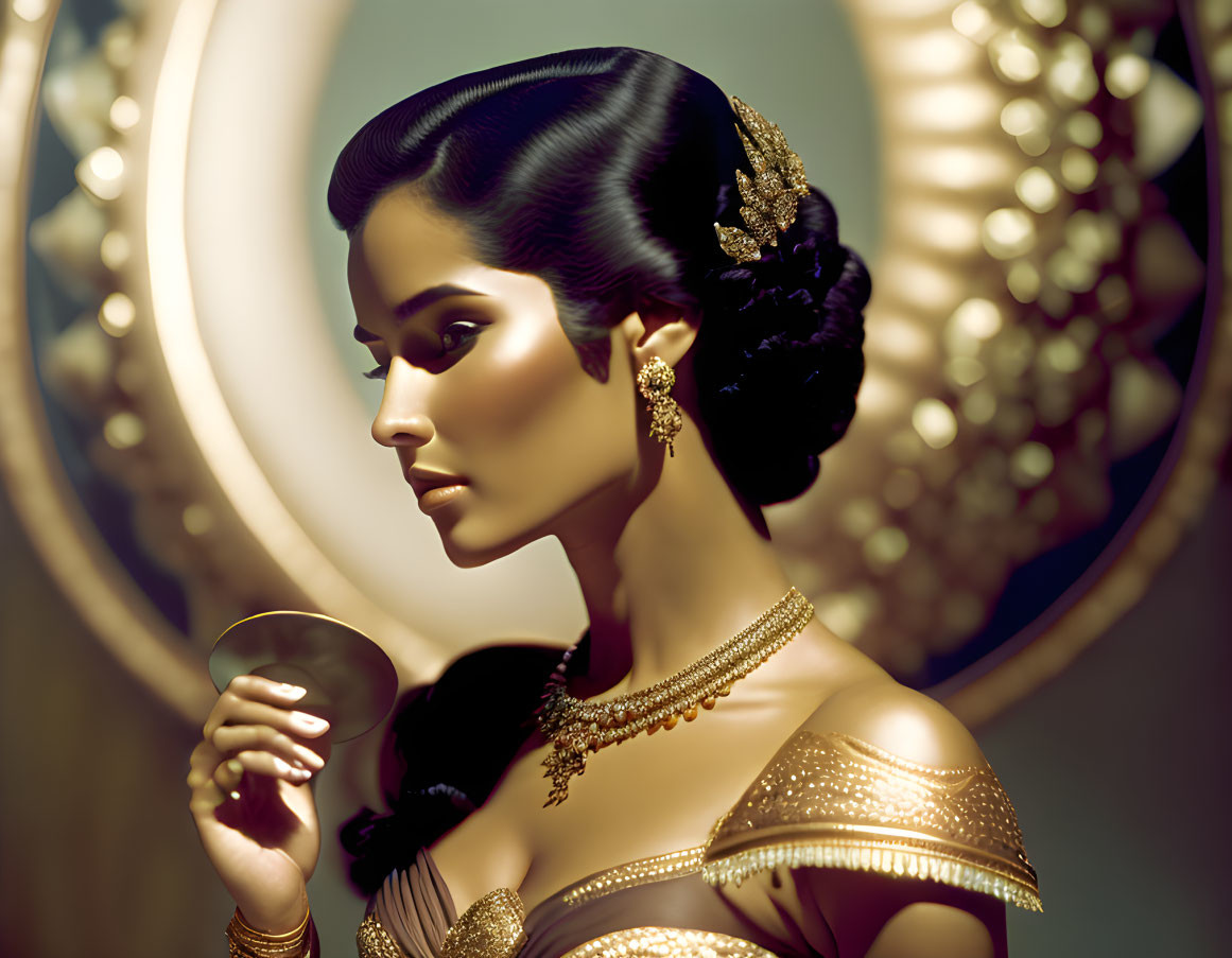 Vintage Hairstyle Woman with Gold Jewelry Holding Mirror Against Ornate Circular Backdrop