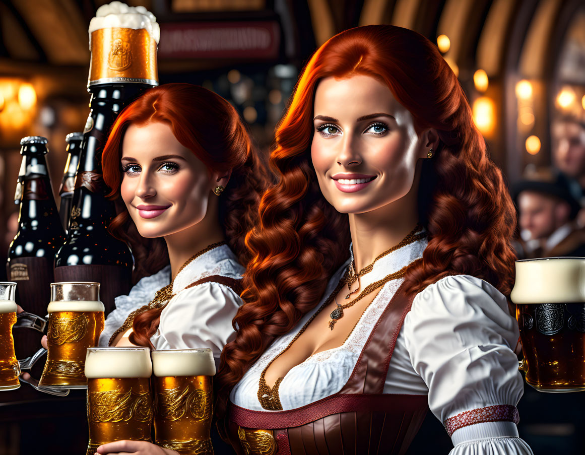 Two women in traditional dirndls with red hair smiling in bar setting.