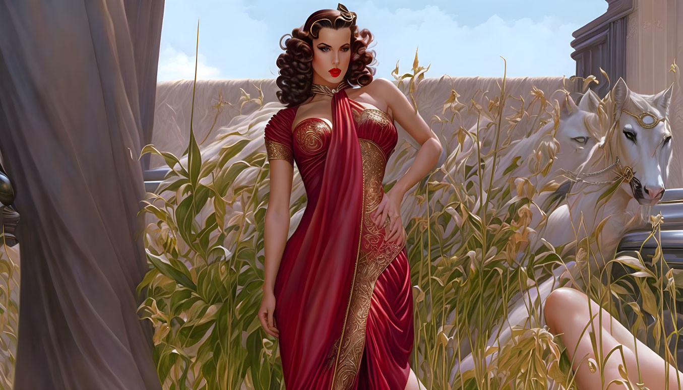 Woman in red Greek-style dress with wolf in wheat field and classical columns.