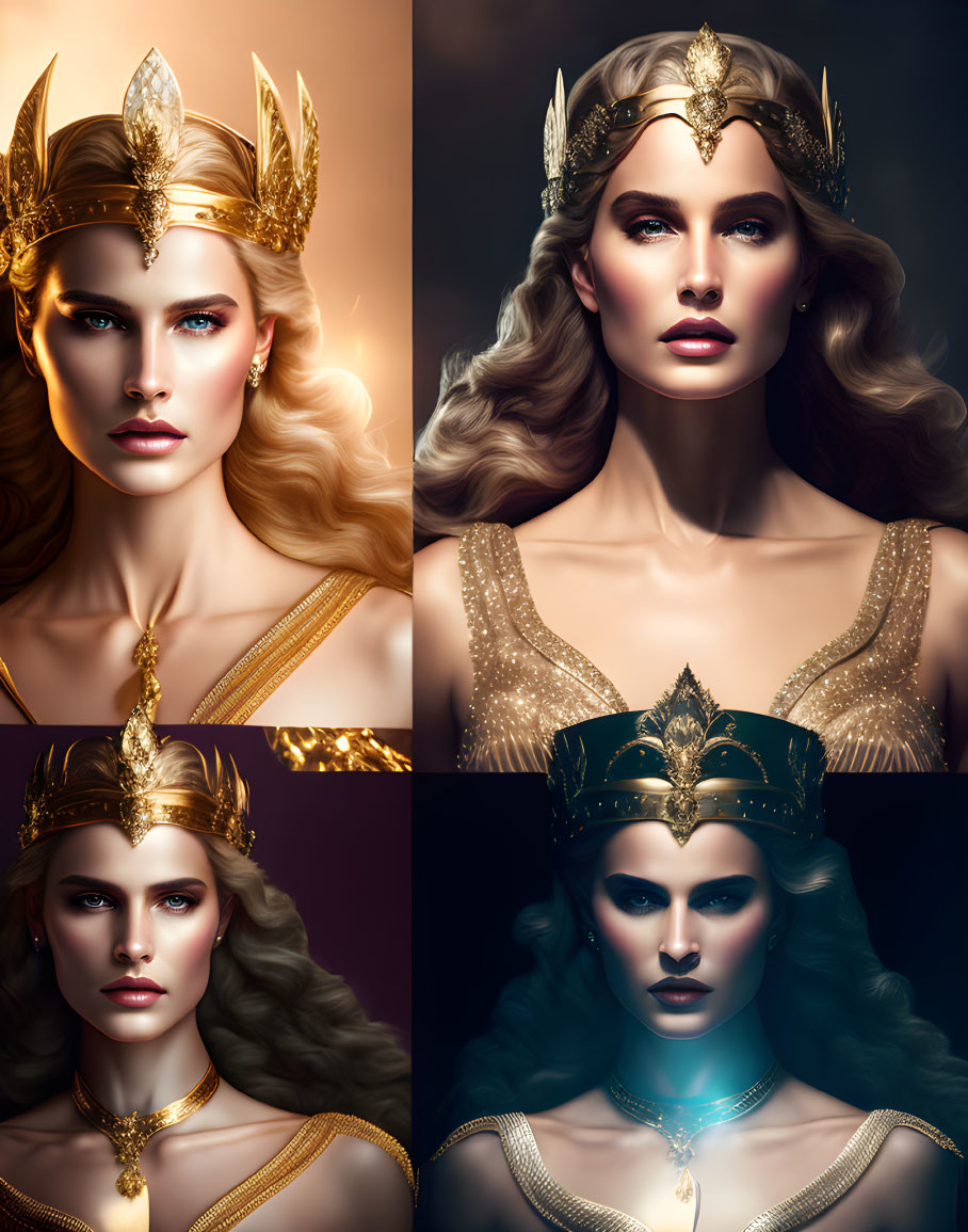 Four regal woman portraits with golden crown and jewelry in various lighting and makeup styles