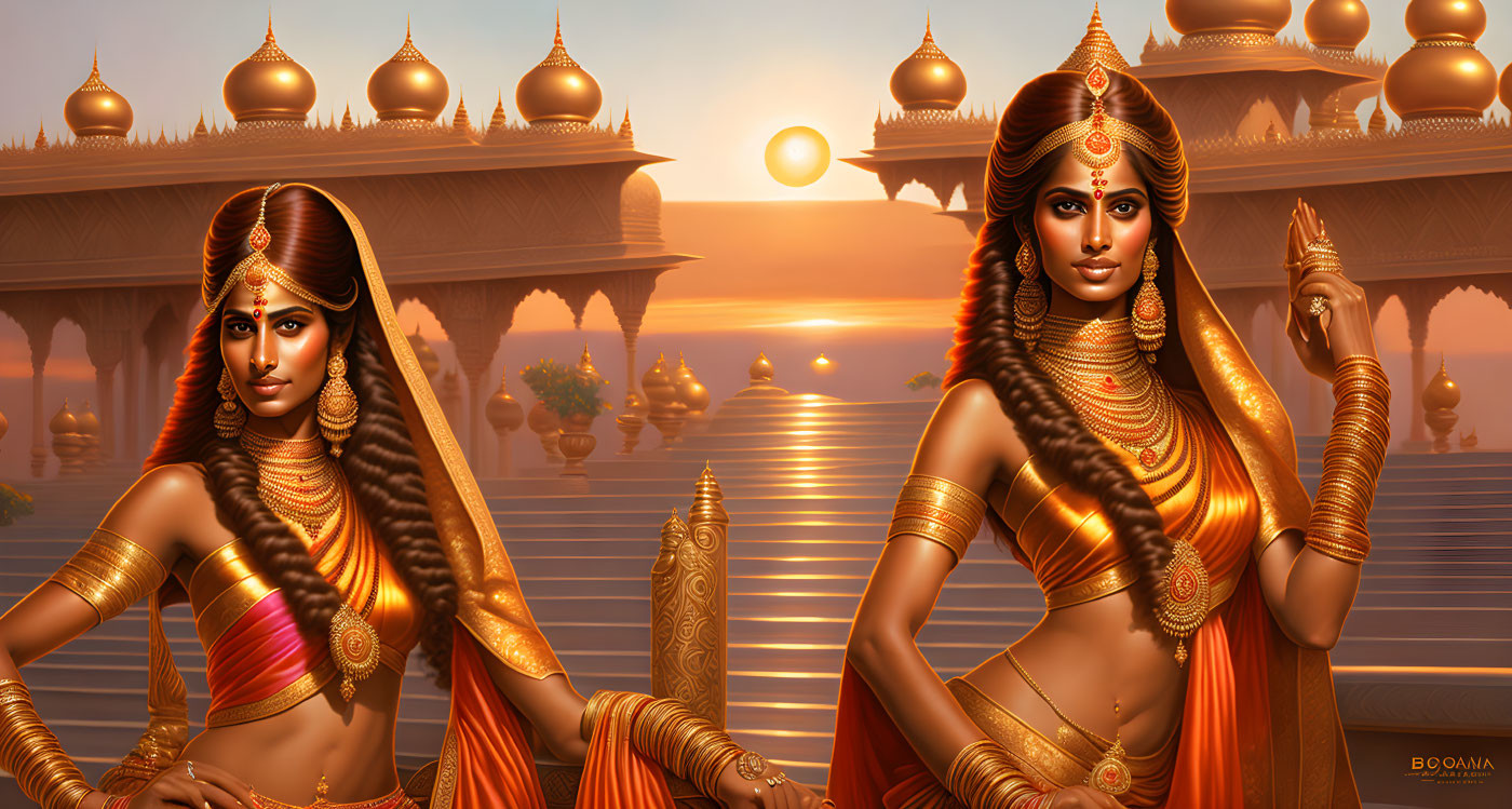 Traditional Indian Attire: Women in Gold Jewelry at Temple Sunset