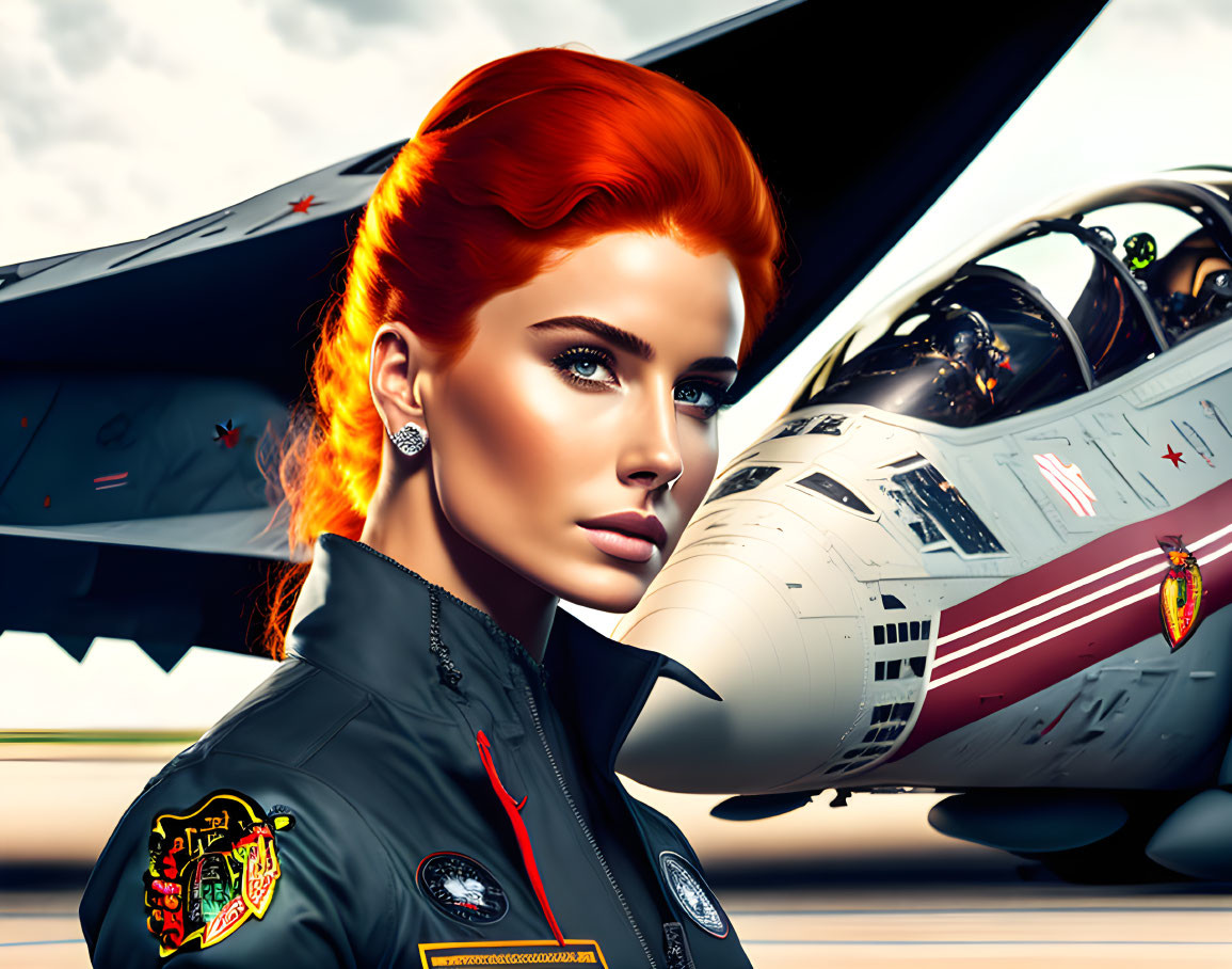 Red-Haired Female Pilot in Flight Suit Beside Fighter Jet