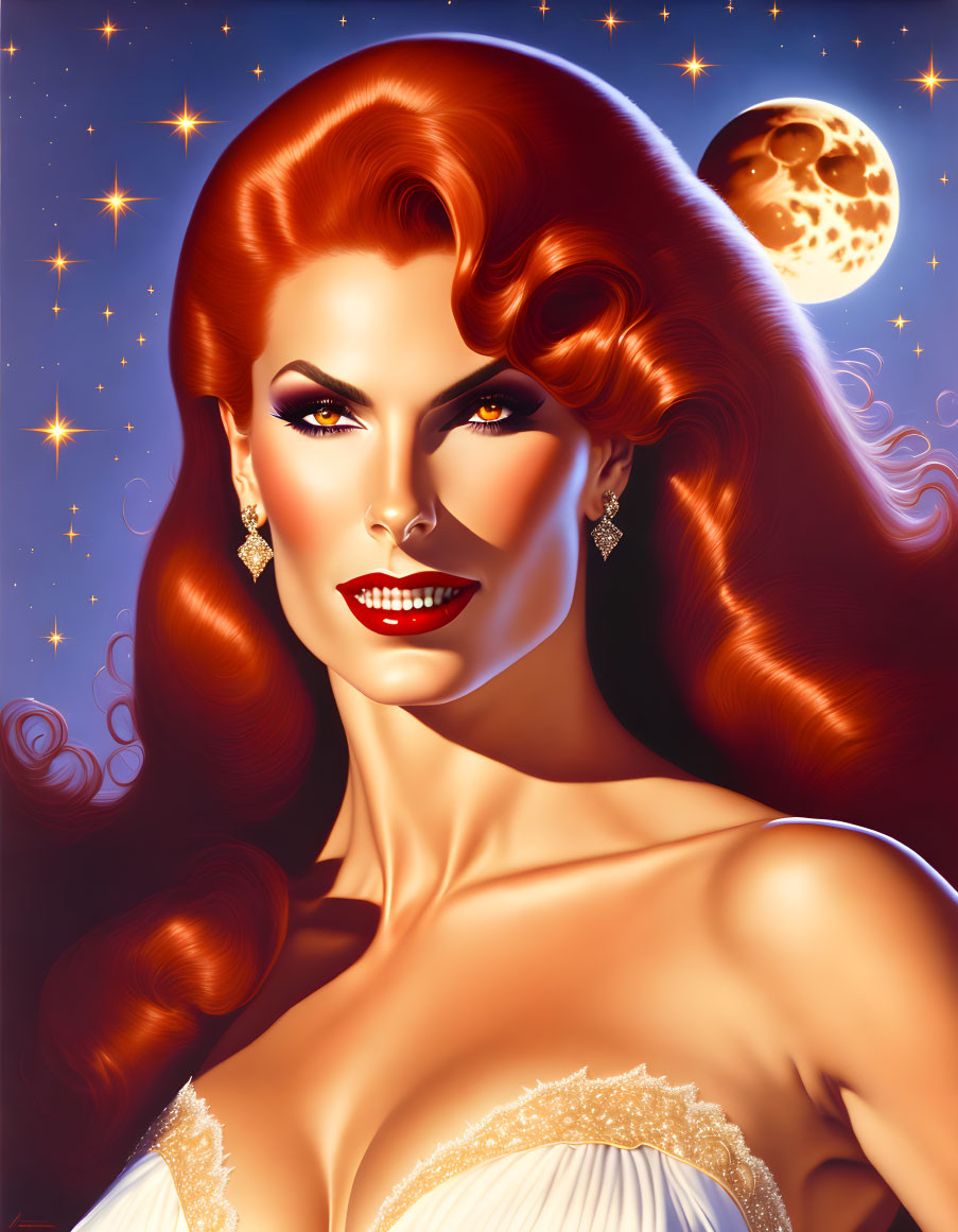 Red-haired woman in white dress under full moon on starry night sky