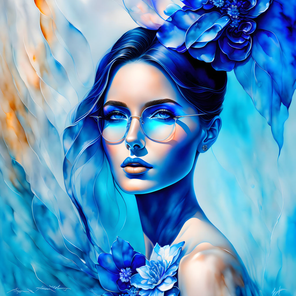 Digital art: Woman with blue skin, blue eyes, flowing hair, flowers, round glasses