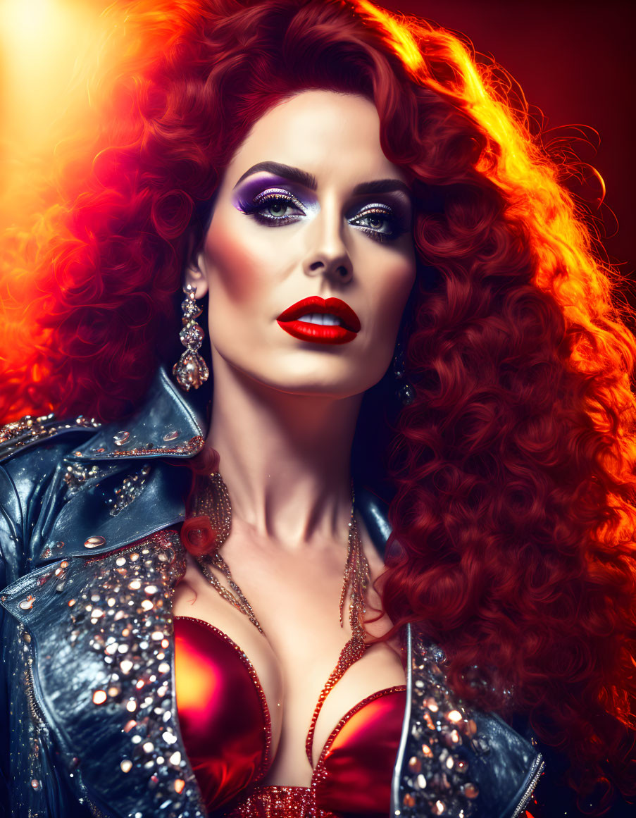 Voluminous red hair woman with dramatic makeup in sparkly outfit