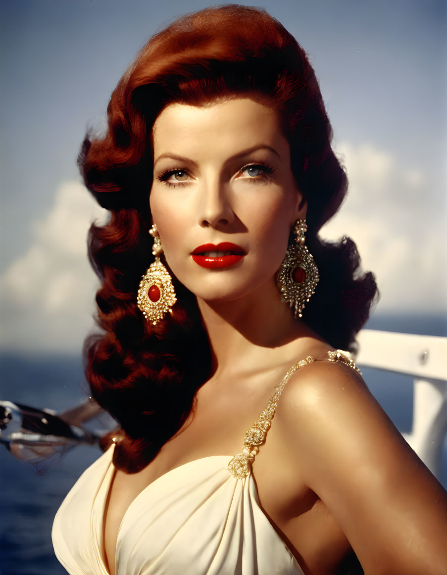 Elegant woman with voluminous red hair in white dress and gold necklace