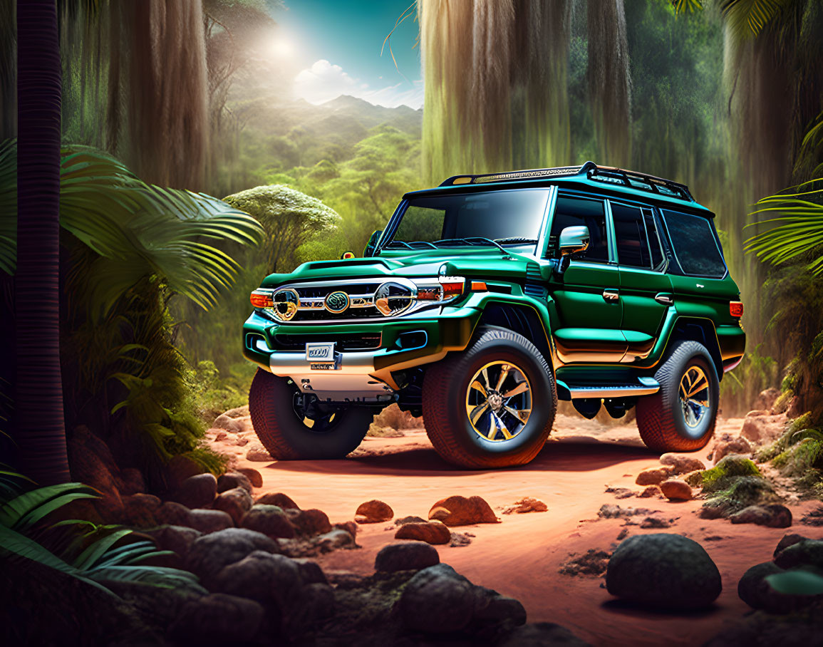 Green SUV parked on dirt path in lush forest with sunlight and cascade.