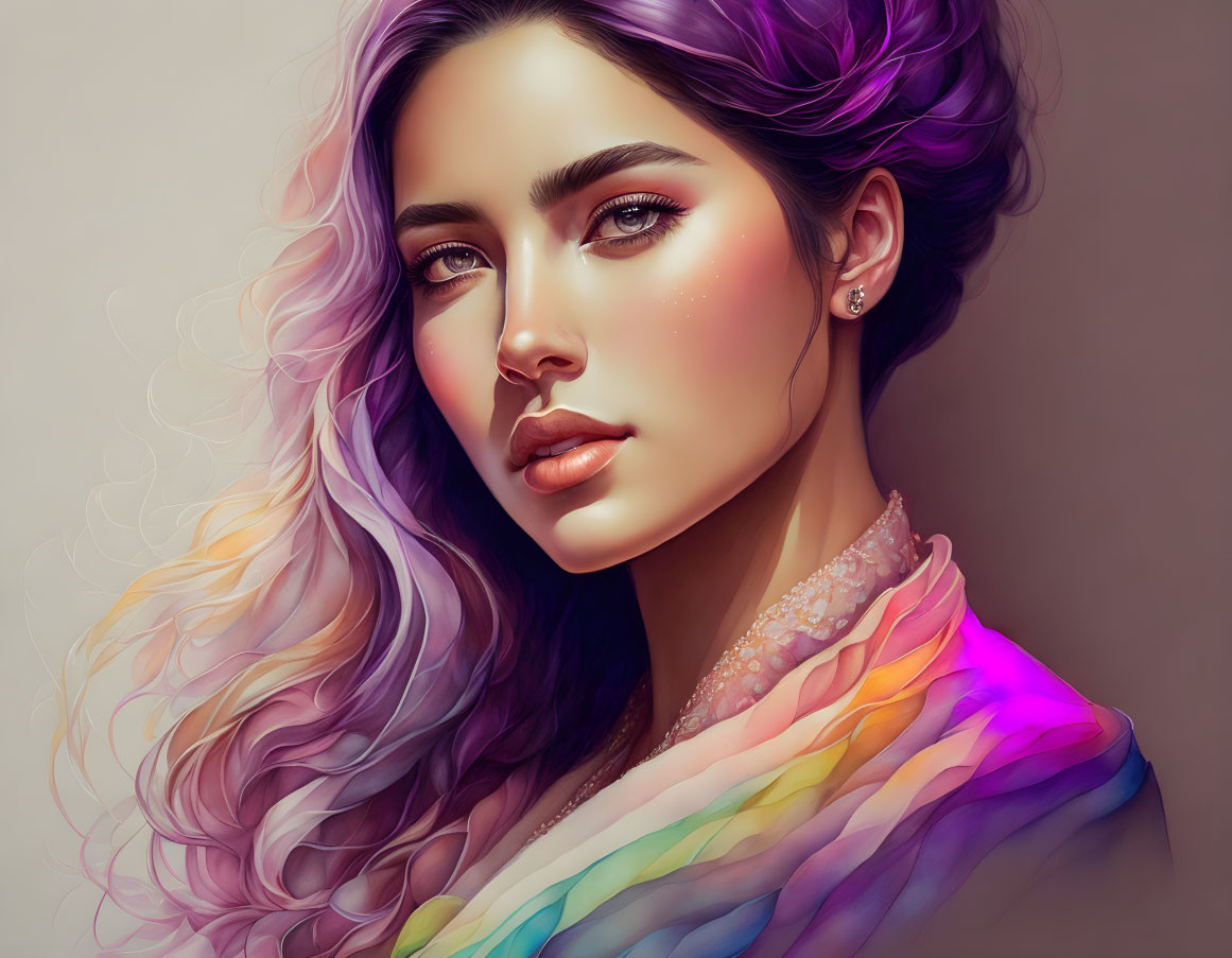 Detailed Illustration of Woman with Purple Ombre Hair and Multicolored Garment