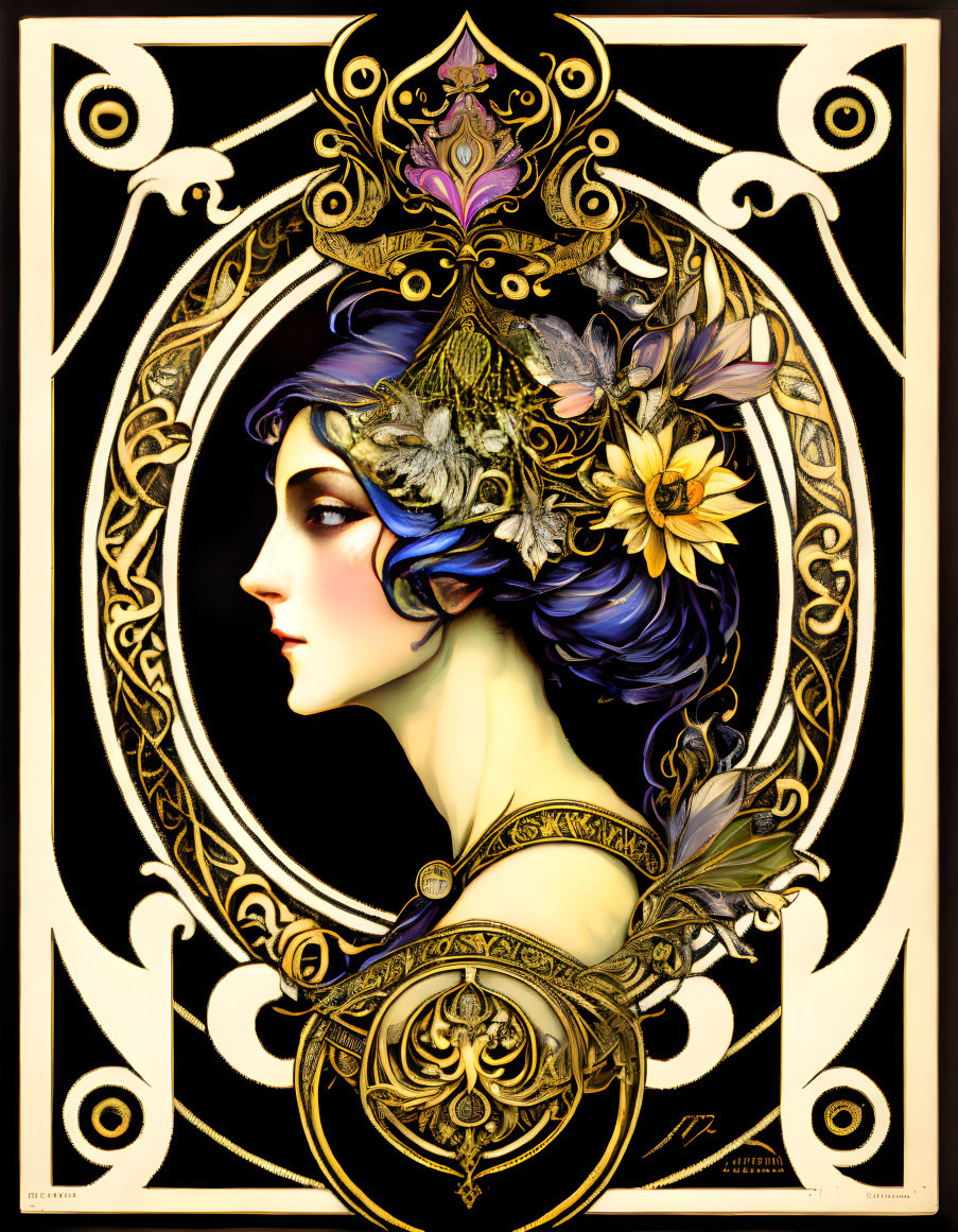 Art Nouveau style profile of woman with ornate headpiece and floral motifs on golden background