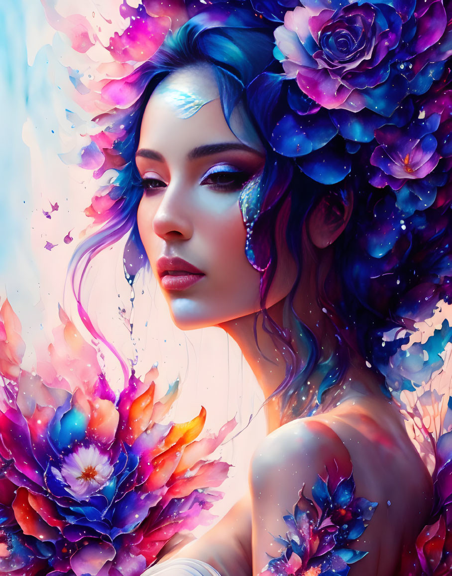 Portrait of woman with blue and pink floral accents in fantasy style