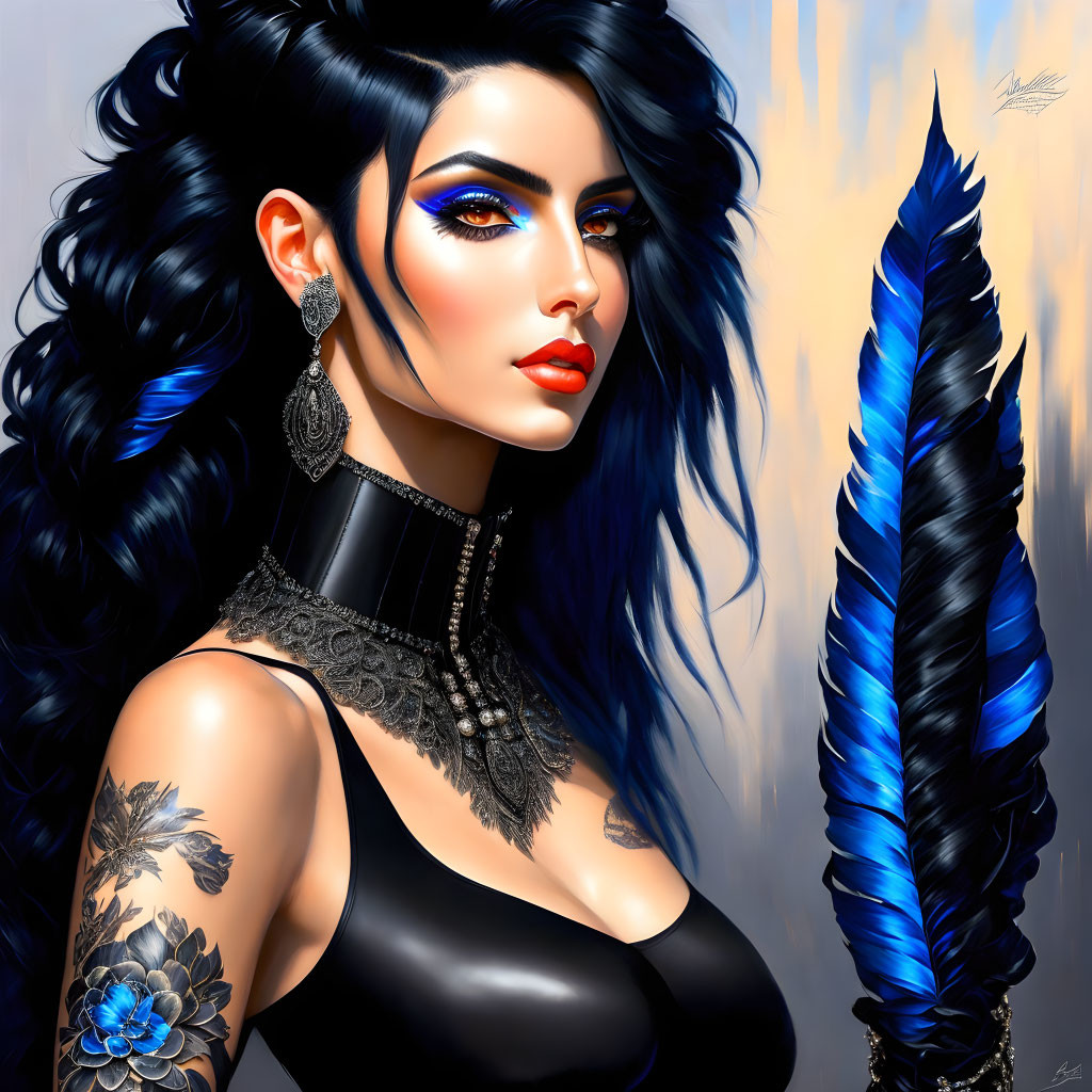 Illustration of woman with blue eyes, black hair, red lipstick, arm tattoo, and feather qu