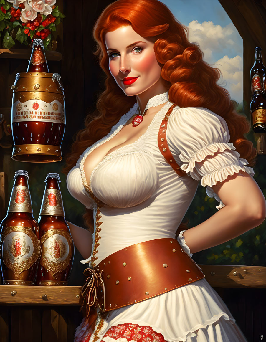 Illustration of woman in Bavarian attire with red hair and beer steins