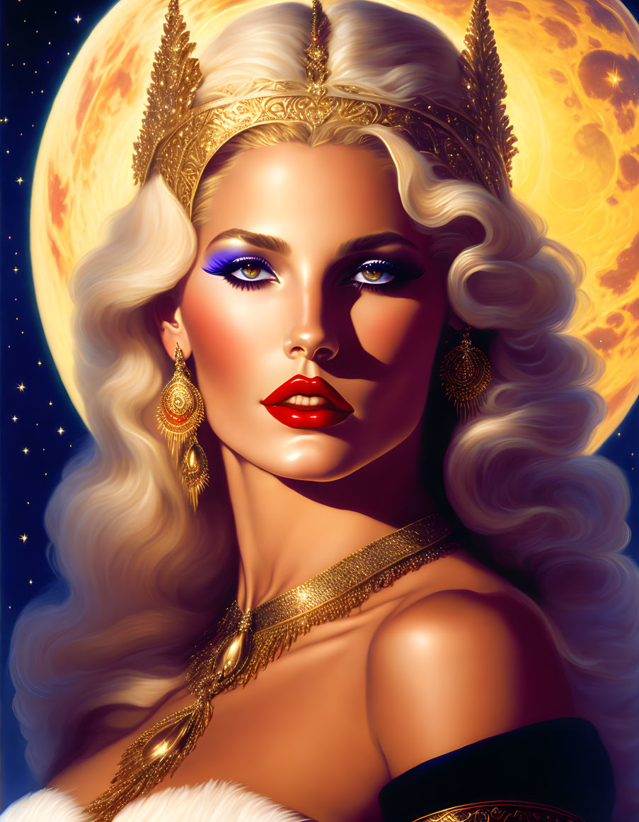 Regal woman portrait with golden jewelry in cosmic setting