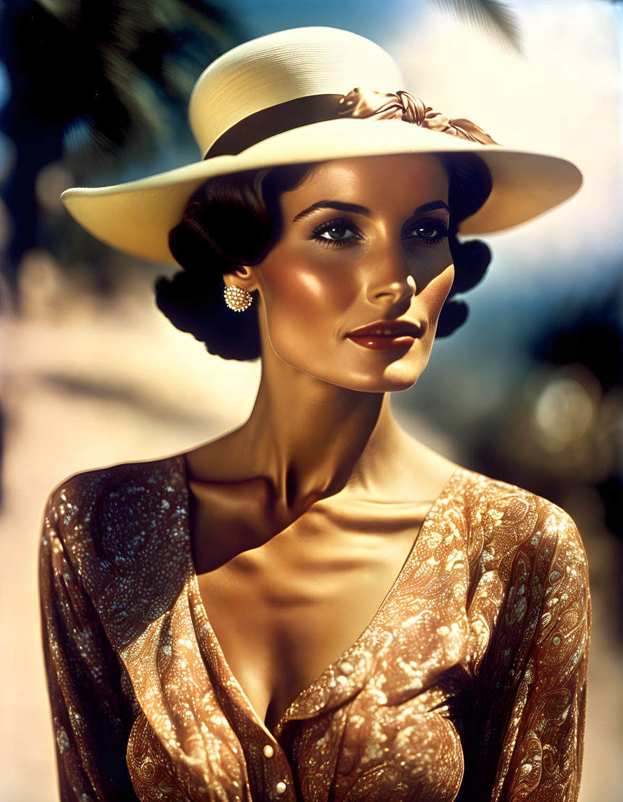 Vintage portrait of woman in wide-brimmed hat and gold dress in warm lighting