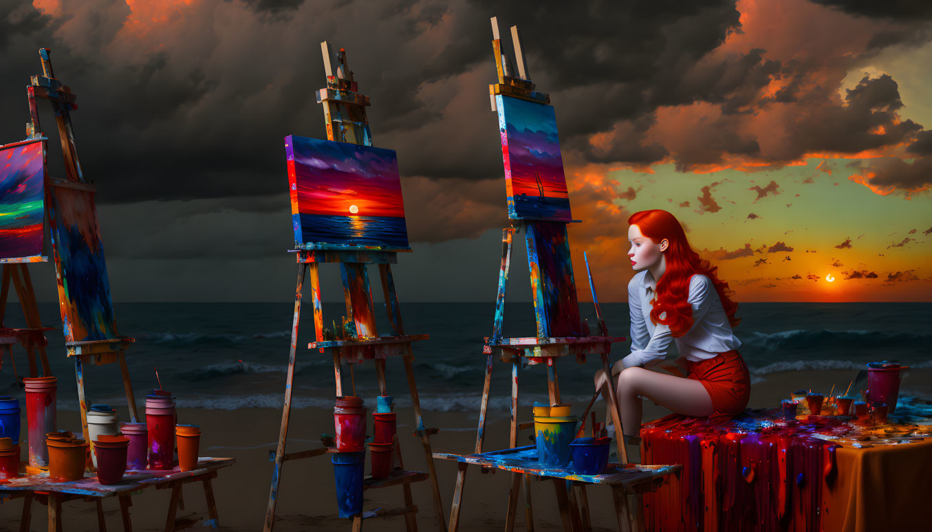 Woman painting colorful canvases at beach sunset with dramatic clouds