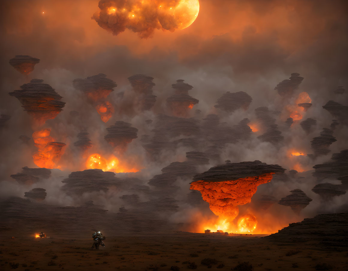 Sci-fi scene: Floating rocks, red moon, astronaut in fiery landscape