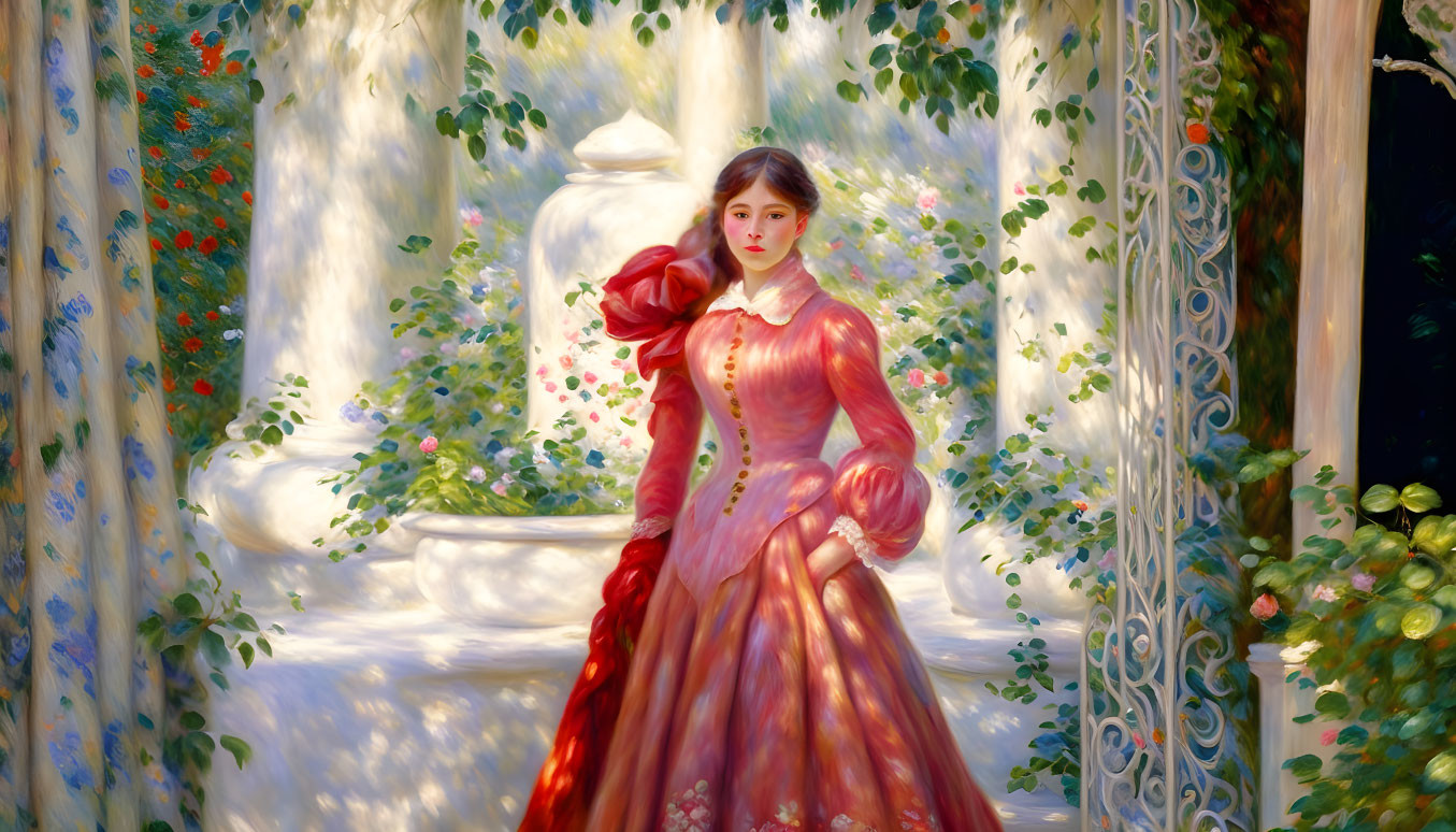 Woman in red period dress by white column in lush garden setting