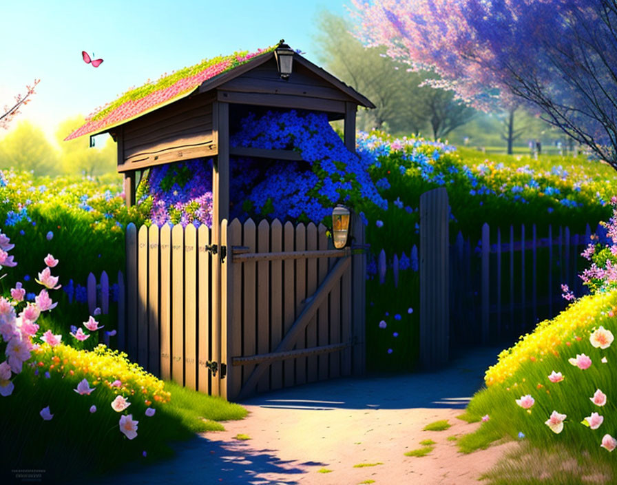 Wooden garden gate surrounded by colorful flowers and shelter with lantern in serene setting