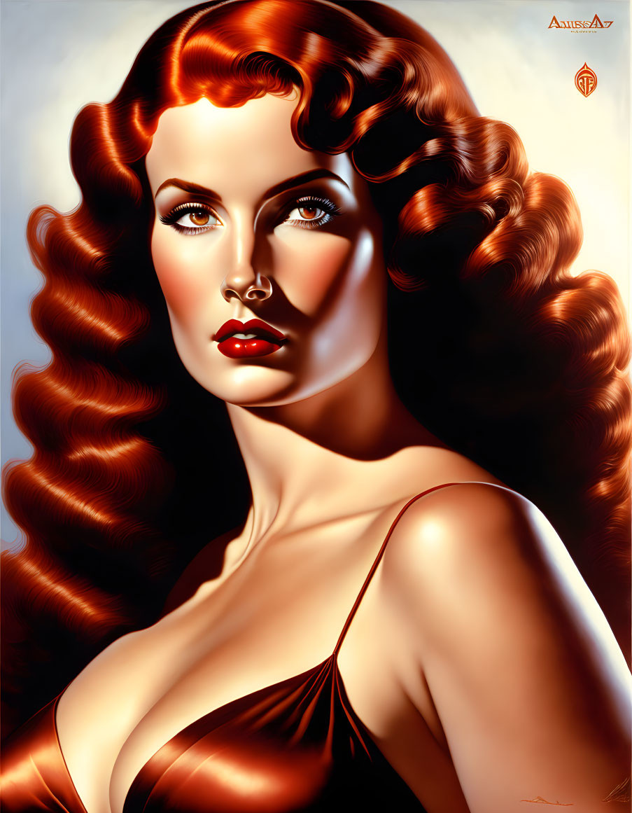 Vintage-inspired portrait of woman with red hair and blue eyes in hyperrealistic art style