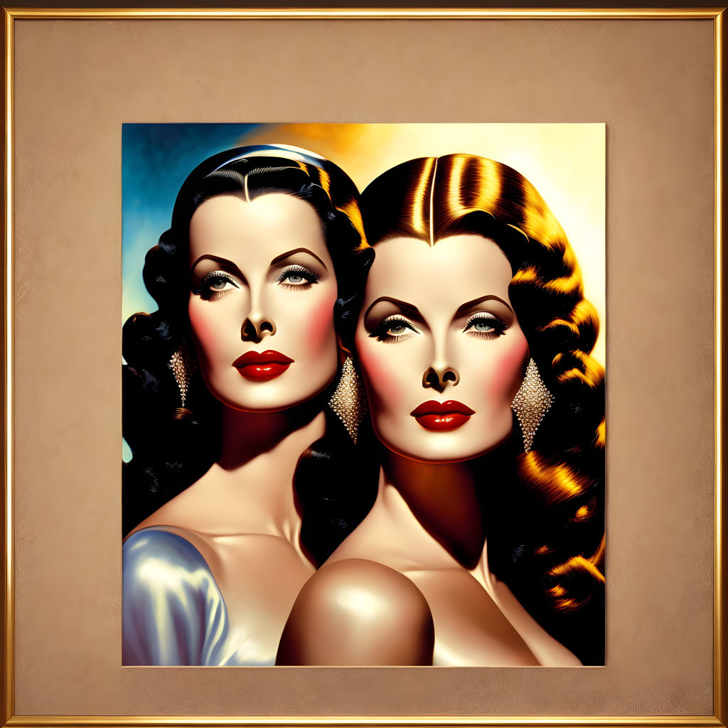 Vintage Hollywood Glamor Illustration of Two Women with Bold Red Lips