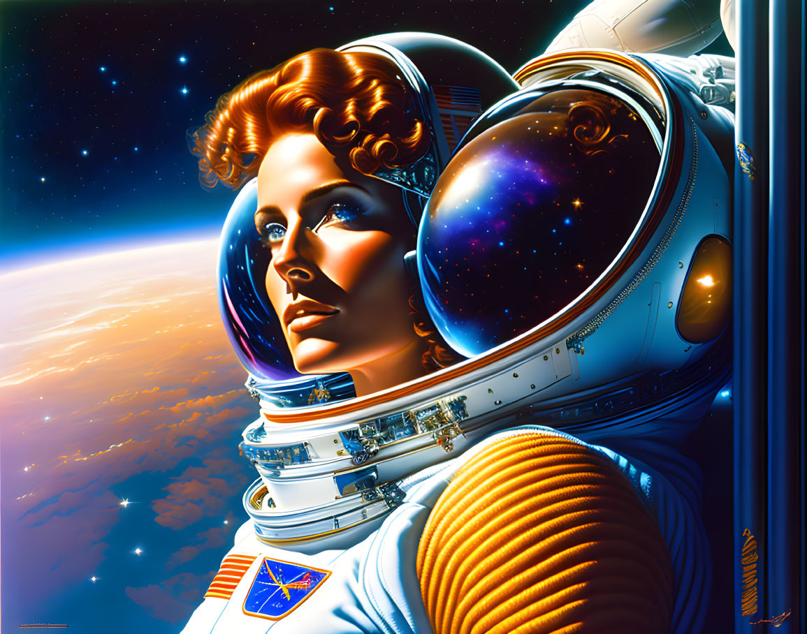 Vivid illustration: Red-haired astronaut in reflective helmet with Earth and cosmos backdrop