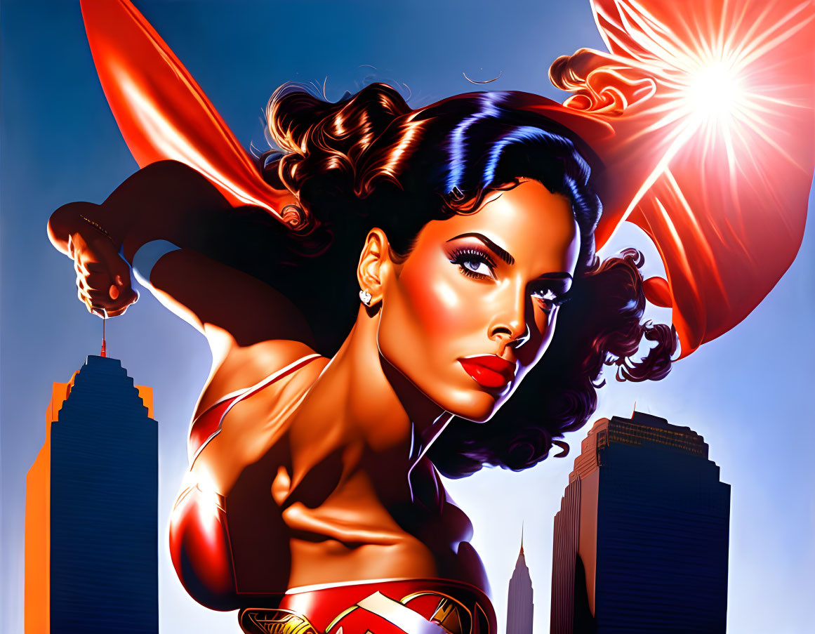 Stylized illustration of Wonder Woman with glowing lasso in powerful pose