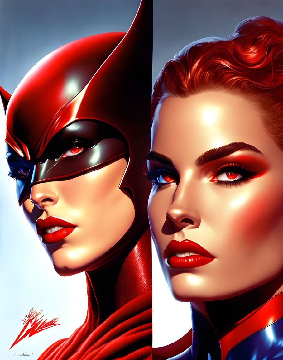 Two profile female faces with superhero mask and vibrant makeup.