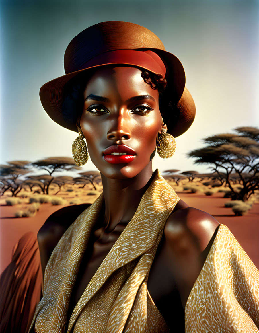 Elegant woman with wide-brimmed hat and golden earrings in desert setting