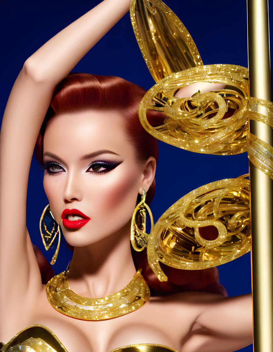 Striking makeup and red lipstick woman with auburn hair posing by golden pole