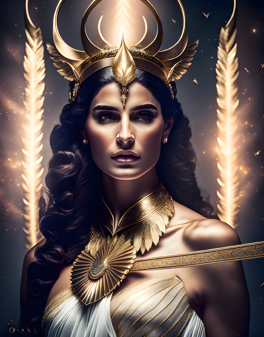 Illustration of majestic woman with golden crown and jewelry framed by glowing arrows