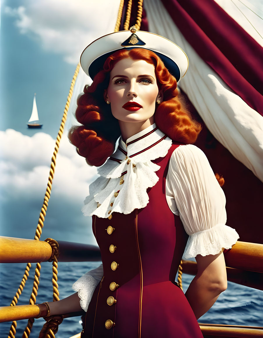 Portrait of Woman with Red Hair in Vintage Nautical Attire