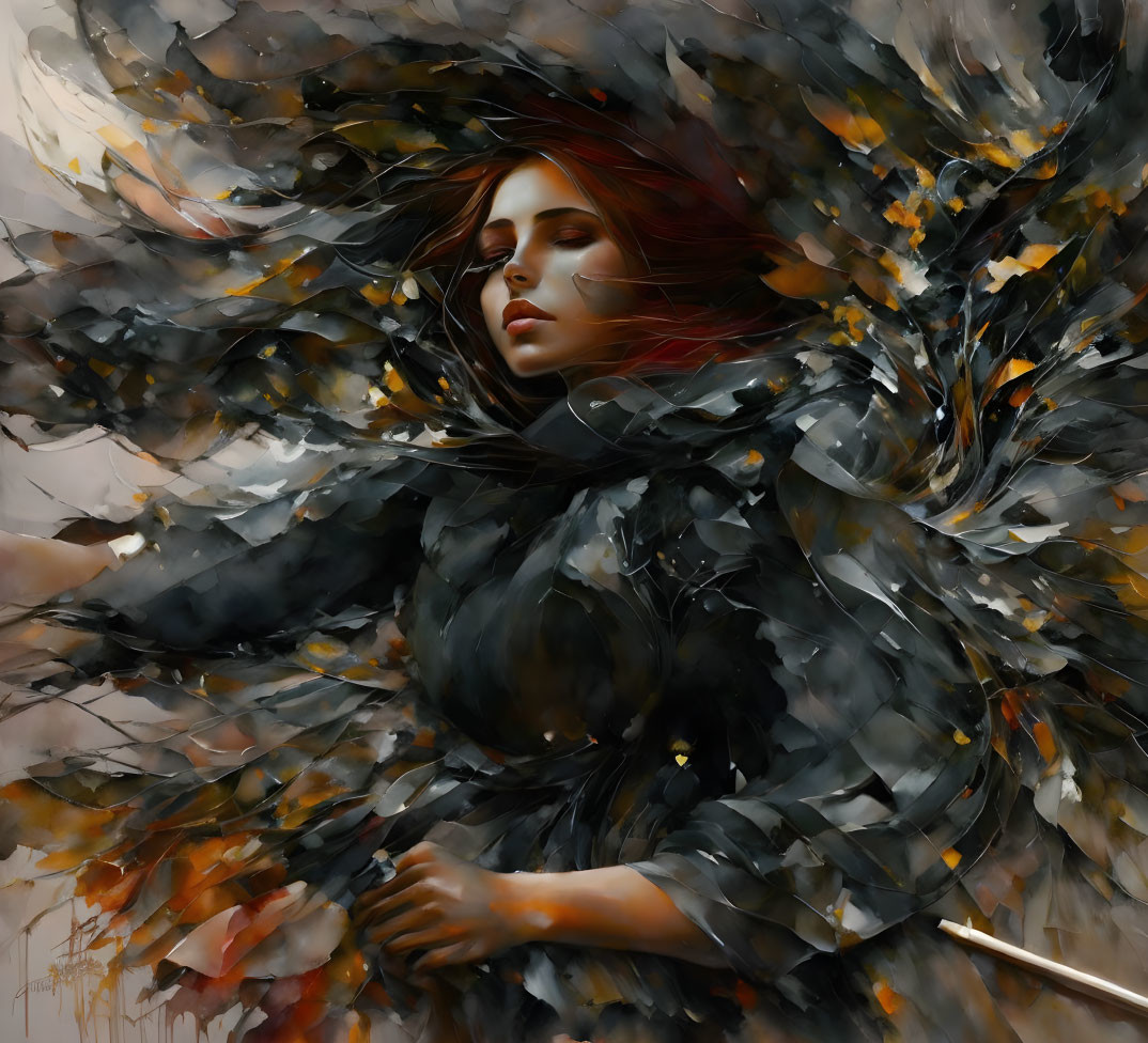 Woman in Leaf-Like Dress Surrounded by Autumn Leaves