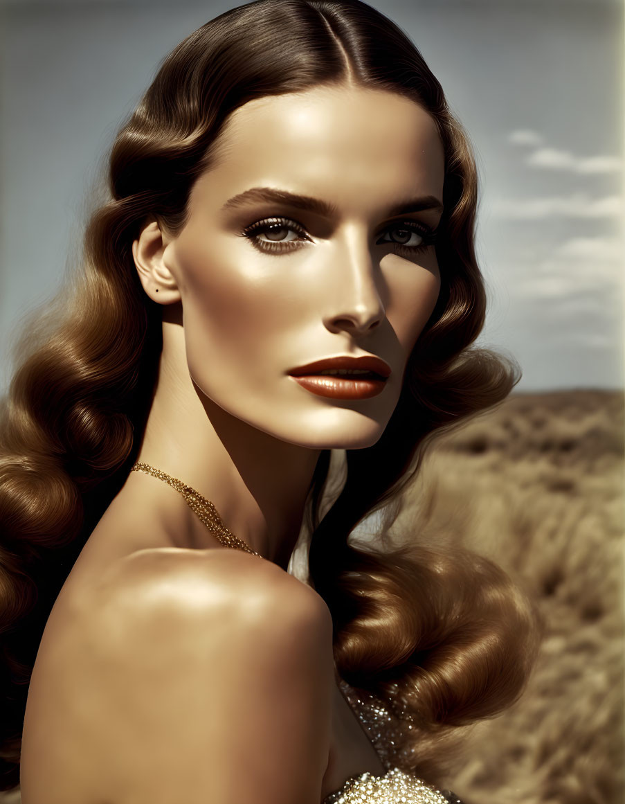 Woman with wavy hair and bronze makeup, glittery shoulder, against natural backdrop