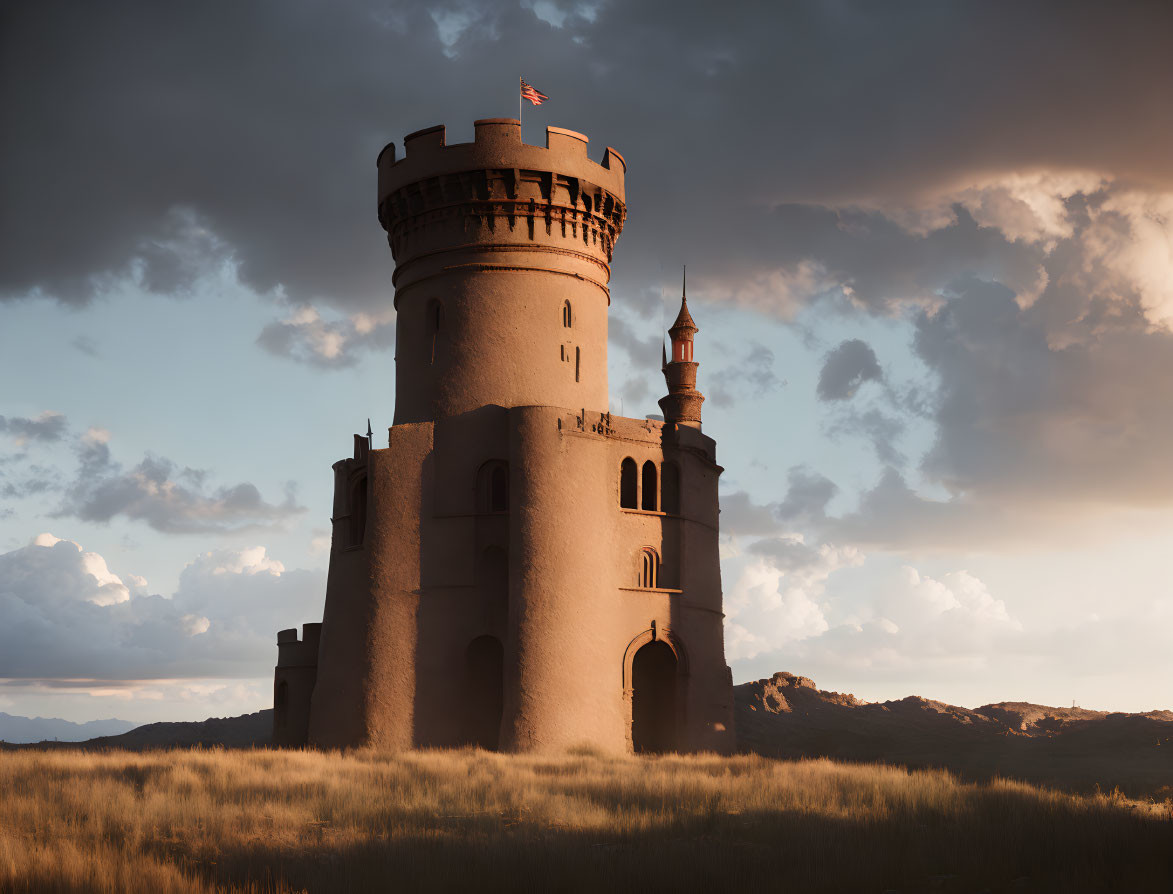 Stone castle tower in field under dramatic sky