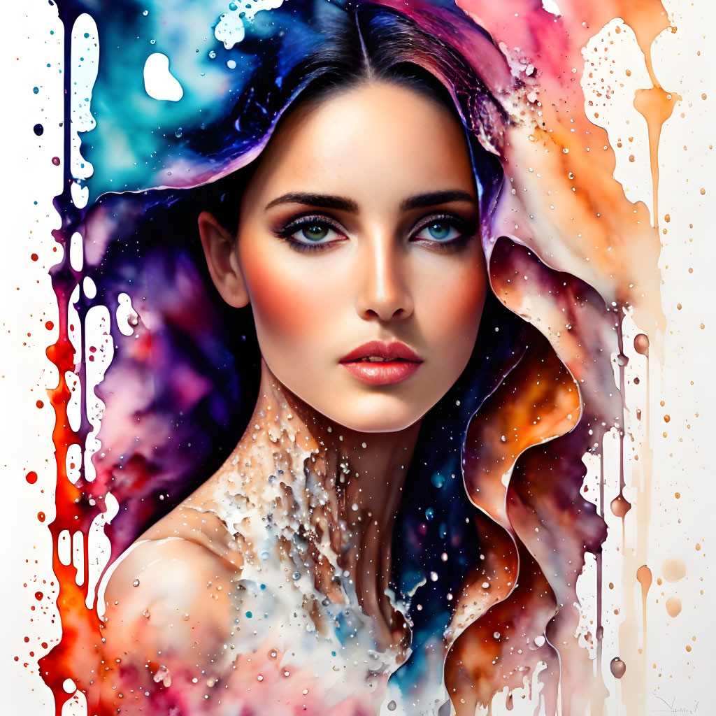 Colorful Liquid Splashes Blend in Woman's Digital Portrait