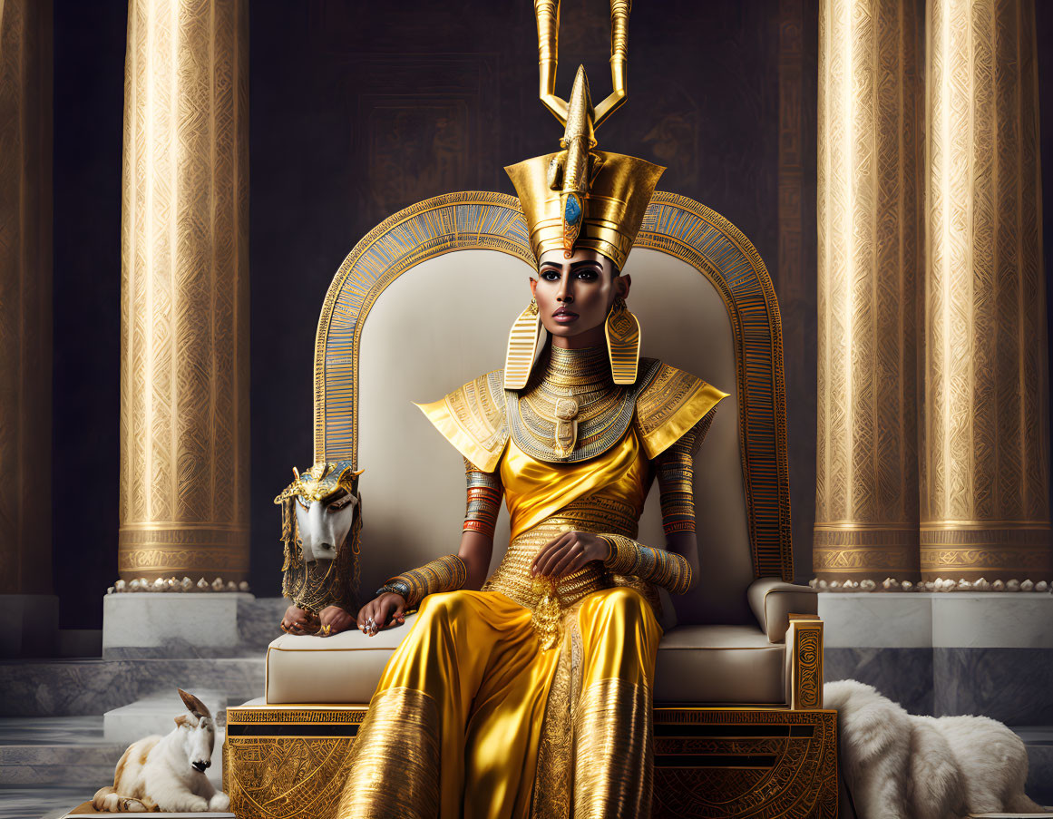 Ancient Egyptian queen on throne with golden attire and white cat