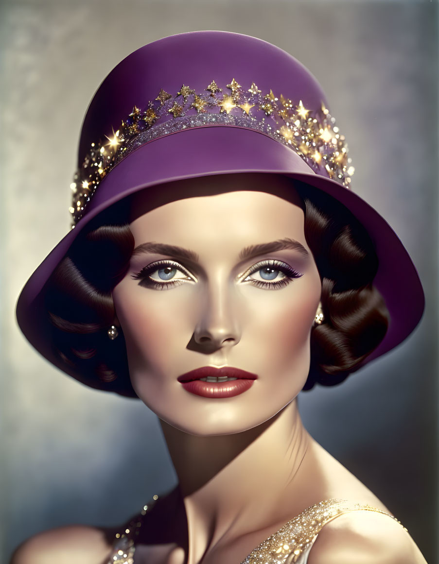 Woman with wavy hair in purple hat and gold dress with stylized makeup featuring prominent eyelashes and