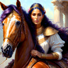 Regal woman in golden armor on horse near classical columns