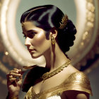 Vintage Hairstyle Woman with Gold Jewelry Holding Mirror Against Ornate Circular Backdrop