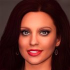 Dark Curly-Haired Woman with Red Flower Adornments and Glittery Red Makeup