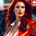 Red-haired woman in police uniform with badge posing confidently in front of motorcycle.