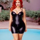 Red-haired woman in glossy black bodysuit by pink pool