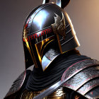 Detailed illustration of ornate medieval knight's helmet with wing decorations on neutral background