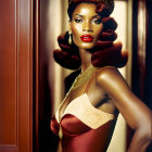 Regal woman in gold jewelry and crown, red satin dress, against dark background