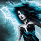 Woman with Black Hair and Blue Lightning in Dark Dress: Powerful Presence