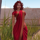 Woman in red Greek-style dress with wolf in wheat field and classical columns.