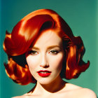 Vibrant red-haired woman with waves and red lipstick on teal background