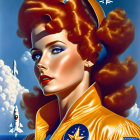 Vintage-style illustration of woman in pilot suit with rockets and clouds.