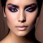 Woman with dramatic eye makeup: dark eyeliner and pink eyeshadow.